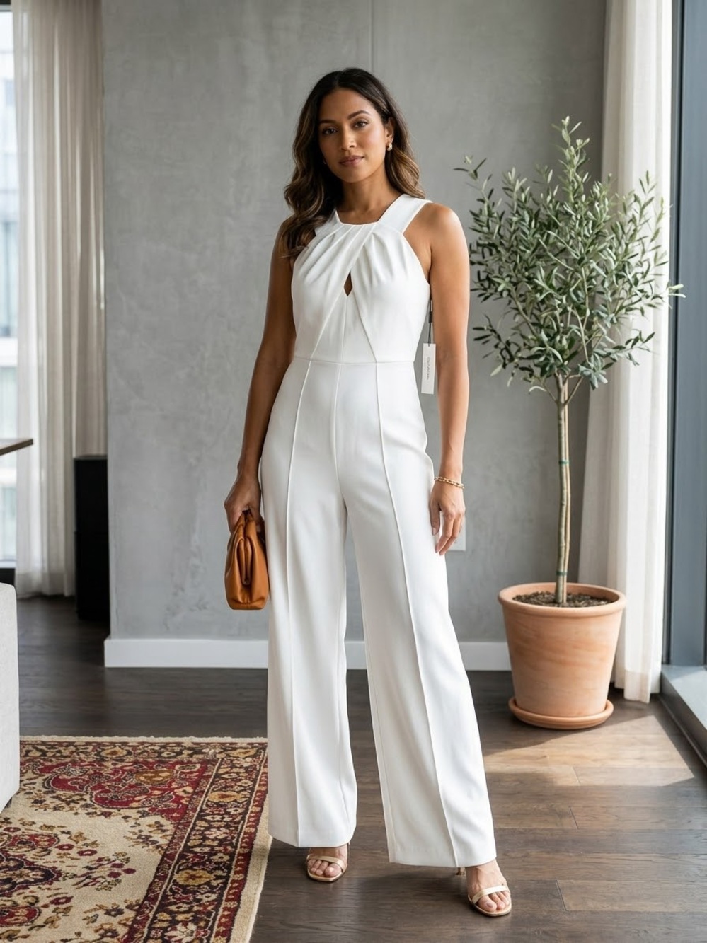NWT Calvin Klein Cream White Cross Front Keyhole Wide Leg Jumpsuit Size 4 CD3C1M